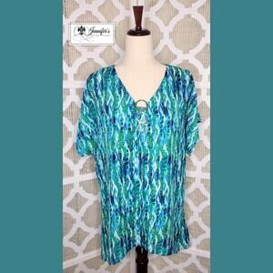 Sami & Jo Women's Abstract Print Triple Silver Ring Shark Bite Hem Tunic Size 1X